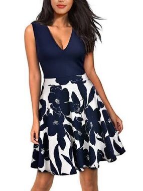 Navy Floral V-Neck Fit & Flare Dress - Women
